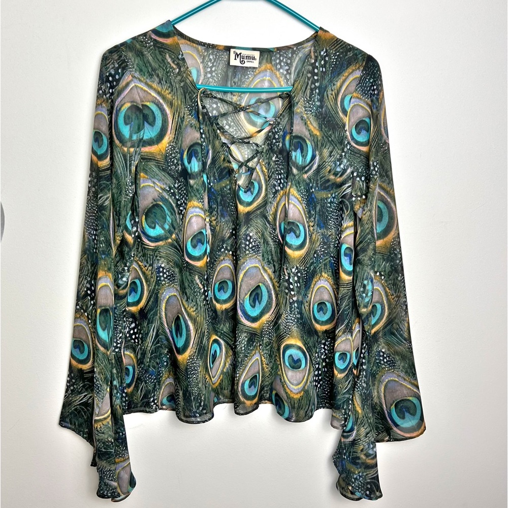 Show Me Your MuMu Zuko Lace Up Feather Top Blouse Size Small Bohemian Sheer